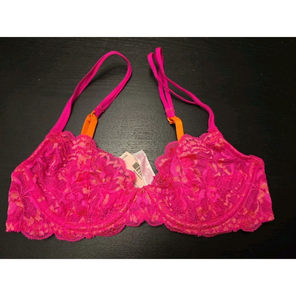 NWT Victorias Secret 32B Very Sexy Hot Pink Bright Orange Lace Unlined Demi Bra - Picture 1 of 9
